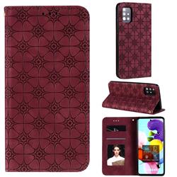 Intricate Embossing Four Leaf Clover Leather Wallet Case for Samsung Galaxy A51 5G - Claret