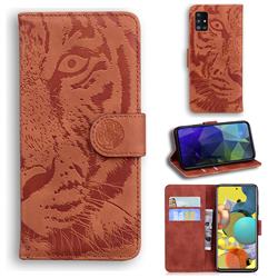 Intricate Embossing Tiger Face Leather Wallet Case for Samsung Galaxy A51 5G - Brown