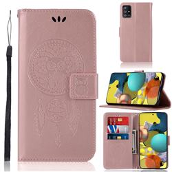 Intricate Embossing Owl Campanula Leather Wallet Case for Samsung Galaxy A51 5G - Rose Gold