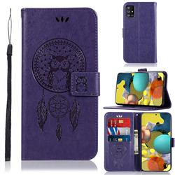 Intricate Embossing Owl Campanula Leather Wallet Case for Samsung Galaxy A51 5G - Purple