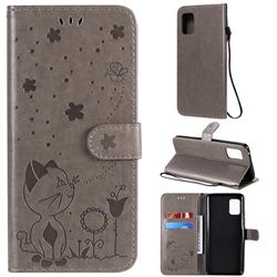 Embossing Bee and Cat Leather Wallet Case for Samsung Galaxy A51 5G - Gray
