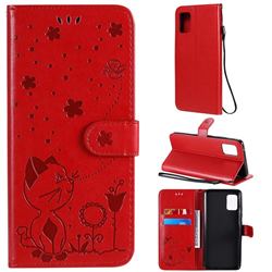 Embossing Bee and Cat Leather Wallet Case for Samsung Galaxy A51 5G - Red
