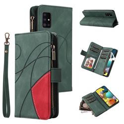 Luxury Two-color Stitching Multi-function Zipper Leather Wallet Case Cover for Samsung Galaxy A51 5G - Green