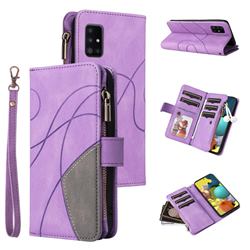 Luxury Two-color Stitching Multi-function Zipper Leather Wallet Case Cover for Samsung Galaxy A51 5G - Purple