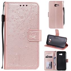 Embossing Cherry Blossom Cat Leather Wallet Case for Samsung Galaxy A5 2017 A520 - Rose Gold