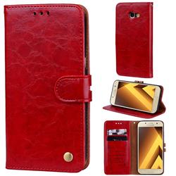 Luxury Retro Oil Wax PU Leather Wallet Phone Case for Samsung Galaxy A5 2017 A520 - Brown Red