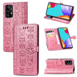 Embossing Dog Paw Kitten and Puppy Leather Wallet Case for Samsung Galaxy A52 5G - Pink