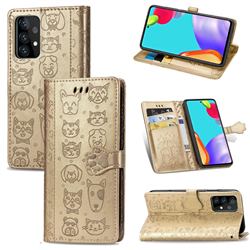 Embossing Dog Paw Kitten and Puppy Leather Wallet Case for Samsung Galaxy A52 5G - Champagne Gold