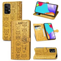 Embossing Dog Paw Kitten and Puppy Leather Wallet Case for Samsung Galaxy A52 5G - Yellow