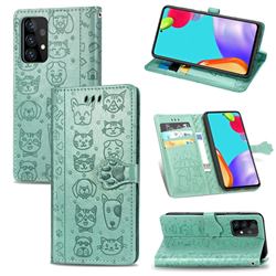 Embossing Dog Paw Kitten and Puppy Leather Wallet Case for Samsung Galaxy A52 5G - Green