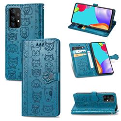 Embossing Dog Paw Kitten and Puppy Leather Wallet Case for Samsung Galaxy A52 5G - Blue