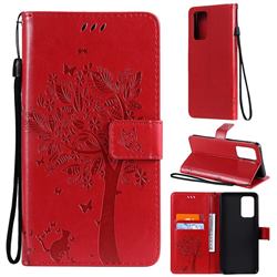 Embossing Butterfly Tree Leather Wallet Case for Samsung Galaxy A52 (4G, 5G) - Red