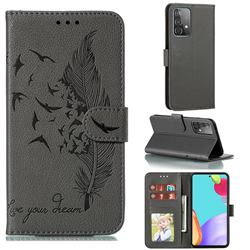 Intricate Embossing Lychee Feather Bird Leather Wallet Case for Samsung Galaxy A52 (4G, 5G) - Gray