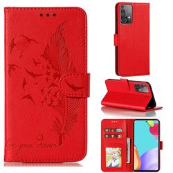 Intricate Embossing Lychee Feather Bird Leather Wallet Case for Samsung Galaxy A52 (4G, 5G) - Red