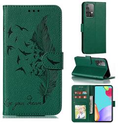 Intricate Embossing Lychee Feather Bird Leather Wallet Case for Samsung Galaxy A52 (4G, 5G) - Green