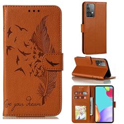 Intricate Embossing Lychee Feather Bird Leather Wallet Case for Samsung Galaxy A52 (4G, 5G) - Brown
