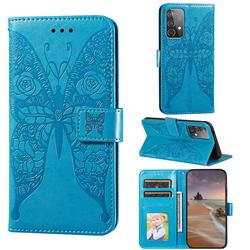 Intricate Embossing Rose Flower Butterfly Leather Wallet Case for Samsung Galaxy A52 (4G, 5G) - Blue