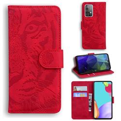Intricate Embossing Tiger Face Leather Wallet Case for Samsung Galaxy A52 (4G, 5G) - Red