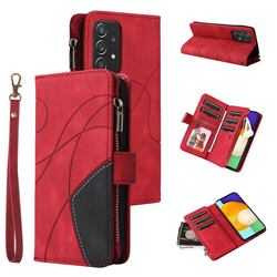 Luxury Two-color Stitching Multi-function Zipper Leather Wallet Case Cover for Samsung Galaxy A52 (4G, 5G) - Red
