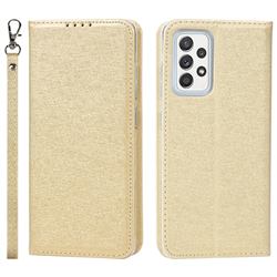 Ultra Slim Magnetic Automatic Suction Silk Lanyard Leather Flip Cover for Samsung Galaxy A52 (4G, 5G) - Golden