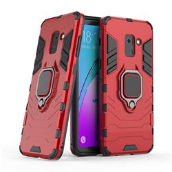 Black Panther Armor Metal Ring Grip Shockproof Dual Layer Rugged Hard Cover for Samsung Galaxy A8 2018 A530 - Red