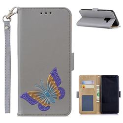 Imprint Embossing Butterfly Leather Wallet Case for Samsung Galaxy A8 2018 A530 - Grey
