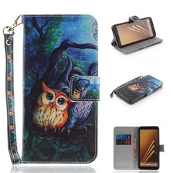 Oil Painting Owl Hand Strap Leather Wallet Case for Samsung Galaxy A8 2018 A530