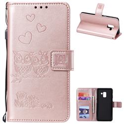 Embossing Owl Couple Flower Leather Wallet Case for Samsung Galaxy A8 2018 A530 - Rose Gold