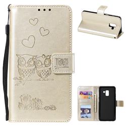Embossing Owl Couple Flower Leather Wallet Case for Samsung Galaxy A8 2018 A530 - Golden