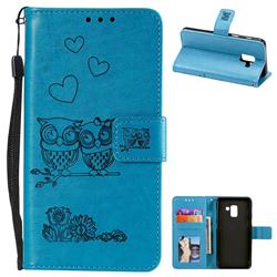 Embossing Owl Couple Flower Leather Wallet Case for Samsung Galaxy A8 2018 A530 - Blue