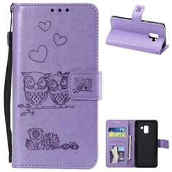 Embossing Owl Couple Flower Leather Wallet Case for Samsung Galaxy A8 2018 A530 - Purple