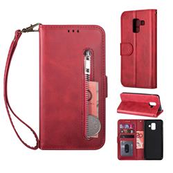 Retro Calfskin Zipper Leather Wallet Case Cover for Samsung Galaxy A8 2018 A530 - Red