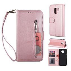 Retro Calfskin Zipper Leather Wallet Case Cover for Samsung Galaxy A8 2018 A530 - Rose Gold