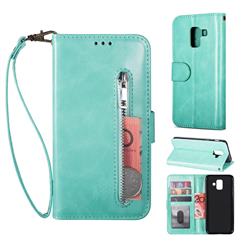 Retro Calfskin Zipper Leather Wallet Case Cover for Samsung Galaxy A8 2018 A530 - Mint Green