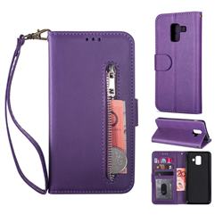 Retro Calfskin Zipper Leather Wallet Case Cover for Samsung Galaxy A8 2018 A530 - Purple