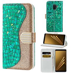 Glitter Diamond Buckle Laser Stitching Leather Wallet Phone Case for Samsung Galaxy A8 2018 A530 - Green