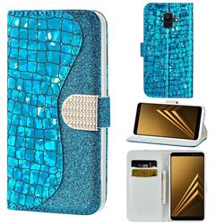 Glitter Diamond Buckle Laser Stitching Leather Wallet Phone Case for Samsung Galaxy A8 2018 A530 - Blue