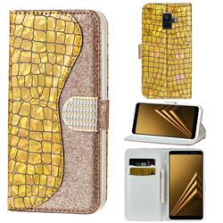 Glitter Diamond Buckle Laser Stitching Leather Wallet Phone Case for Samsung Galaxy A8 2018 A530 - Gold