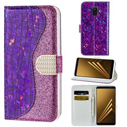 Glitter Diamond Buckle Laser Stitching Leather Wallet Phone Case for Samsung Galaxy A8 2018 A530 - Purple
