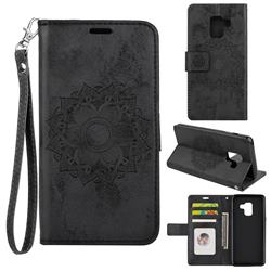Embossing Retro Matte Mandala Flower Leather Wallet Case for Samsung Galaxy A8 2018 A530 - Black