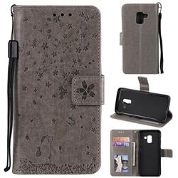 Embossing Cherry Blossom Cat Leather Wallet Case for Samsung Galaxy A8 2018 A530 - Gray