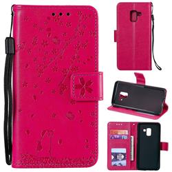 Embossing Cherry Blossom Cat Leather Wallet Case for Samsung Galaxy A8 2018 A530 - Rose