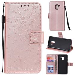 Embossing Cherry Blossom Cat Leather Wallet Case for Samsung Galaxy A8 2018 A530 - Rose Gold
