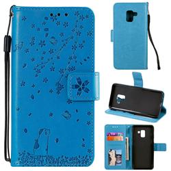 Embossing Cherry Blossom Cat Leather Wallet Case for Samsung Galaxy A8 2018 A530 - Blue