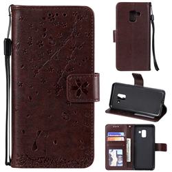 Embossing Cherry Blossom Cat Leather Wallet Case for Samsung Galaxy A8 2018 A530 - Brown