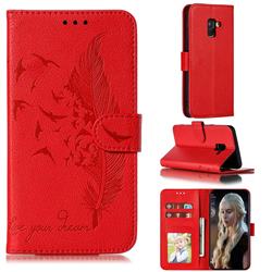 Intricate Embossing Lychee Feather Bird Leather Wallet Case for Samsung Galaxy A8 2018 A530 - Red