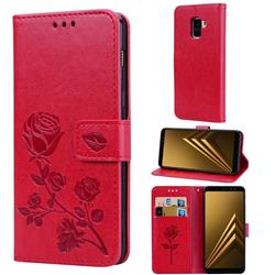 Embossing Rose Flower Leather Wallet Case for Samsung Galaxy A8 2018 A530 - Red