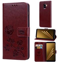Embossing Rose Flower Leather Wallet Case for Samsung Galaxy A8 2018 A530 - Brown