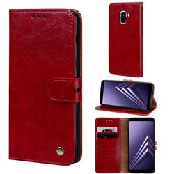 Luxury Retro Oil Wax PU Leather Wallet Phone Case for Samsung Galaxy A8 2018 A530 - Brown Red