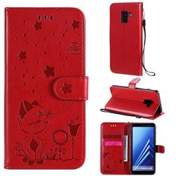 Embossing Bee and Cat Leather Wallet Case for Samsung Galaxy A8 2018 A530 - Red